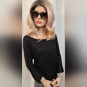Women's Black Boat Neck Top With Balloon Three Quarter Sleeves. New With Tags.